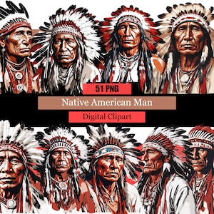 Puede incluir: Conjunto de clipart digital de hombres nativos americanos con tocados tradicionales. Los hombres tienen el pelo oscuro y los ojos marrones. Los tocados están hechos de plumas y cuentas. El fondo es blanco.