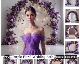 35 Purple Floral Wedding Arch Backdrops,Purple Digital Backdrops,Balloon Arch Backgrounds,Maternity Backdrop,Studio Backdrops,Purple garland