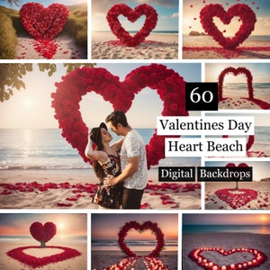 60 Valentines Day Heart Beach Backdrops,Valentine's Day backdrop bundle,Photography backdrop,Romantic Heart themed,Red Roses Floral Backdrop