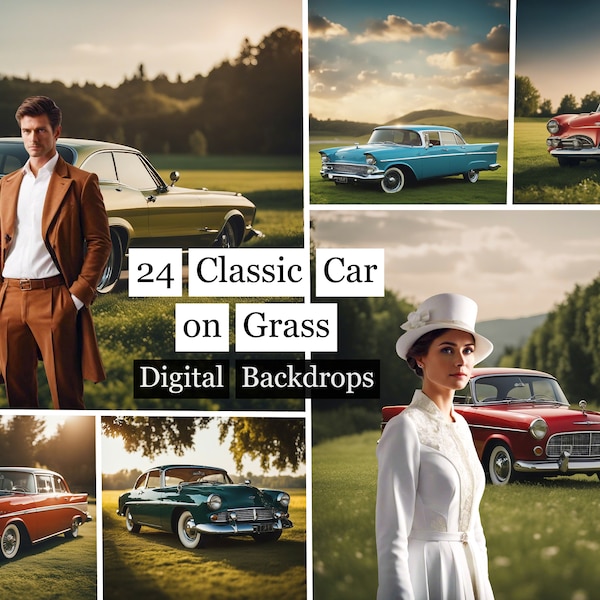 24 Classic Car on Grass Backdrops, Car Photography Background, Vintage Car overlays,  Retro Digital Backdrops, Old Car Background