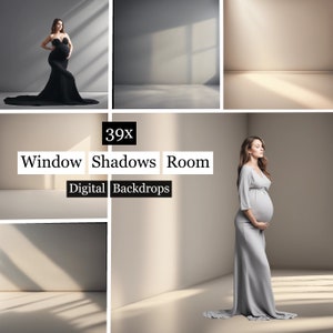 Puede incluir: Un collage de fondos digitales con mujeres embarazadas con elegantes vestidos y escenarios minimalistas. Las imágenes muestran sombras de ventanas y paletas de colores neutros, con el texto "39x Window Shadows Room Digital Backdrops."