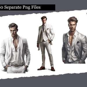 May include: Three men wearing white suits and shirts. The men are standing in different poses. The background is white.