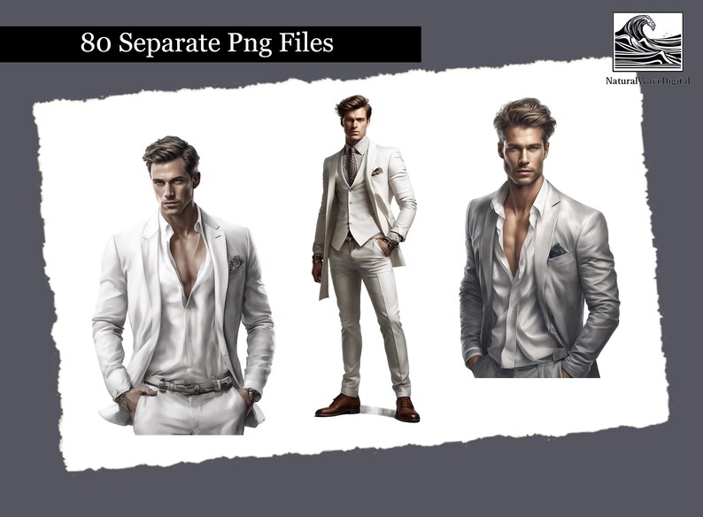 May include: Three men wearing white suits and shirts. The men are standing in different poses. The background is white.
