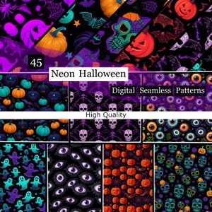 45 sömlösa digitala mönster för neonhalloween, digitala Halloween-papper, Halloween-design, neonhalloween, Halloween-mönster, kusliga mönster