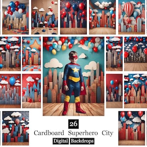 26 fondos de cartón de superhéroes de ciudades, fondos digitales de superhéroes de ciudades, fondos de cumpleaños, fondos de fotografía de paisajes urbanos, fiestas de celebración