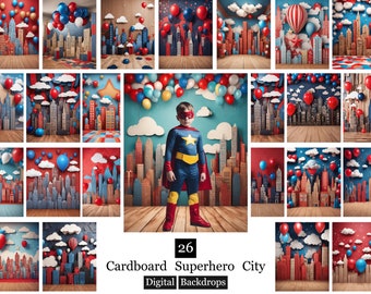 26 Cardboard Superhero City Backdrops, Superhero City Digital Backdrops, Birthday Backdrop,Cityscape Photography Backdrop, Celebration Party