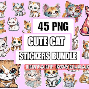 45 Cute Cat Digital Stickers Bundle, Kittens cat Digital Planner Stickers, Animal png Stickers pack , Print and Cut Digital PNG Sticker