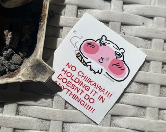 May include: A white sticker with a pink cartoon character holding a cigarette. The character has a sad expression and is crying. The text on the sticker reads "No Chiikawa!!! Holding it in doesn't do anything!!!!"