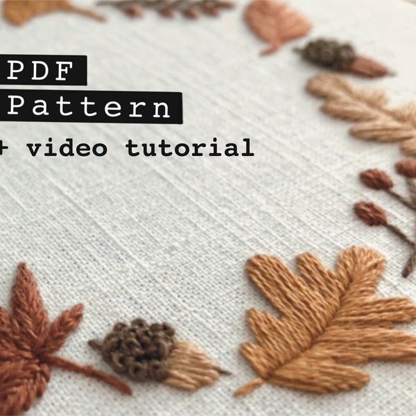 Fall Hoop Art Wall Decor | DIY Printable PDF Pattern | Video Tutorial | Modern Hand Embroidery | Instant Digital Download | 'Autumn Wreath'