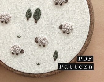 Hoop Art Wall Decor | DIY Printable PDF Pattern | Hand Embroidery for Beginners | Instant Digital Download | 'Sheep Meadow'