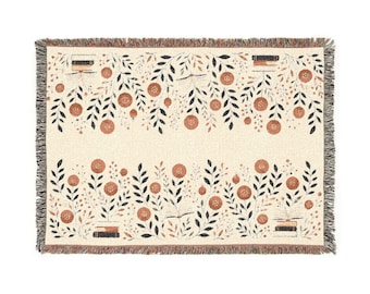 Botanical Floral Pattern Woven Blanket | Throw, Fringe Edge