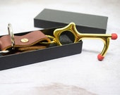 No Touch Door Opener Tool with Black Brown Leather Keychain Strap, Germ Free Key Tool with Stylus Tip, Contactless, Gold, High Quality Gifts