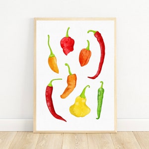 Chilischoten Kunstdruck - Küchendekoration, Aquarellmalerei, Aquarellmalerei, Jalapeño, Mexikanische Küche