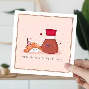 Jolie carte de sushi - compagnon de soja, carte Kawaii, carte d'anniversaire, carte de jeu de mots alimentaire Punny, couple de sushi