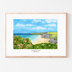 Lámina de Watergate Bay, arte mural de Cornualles, ilustración costera, paisaje de playa, decoración costera del Reino Unido