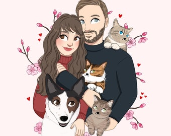 Couple Portrait With Pets, Custom Family Portrait With Pets, Couple Illustration, Owner And Pet Portrait