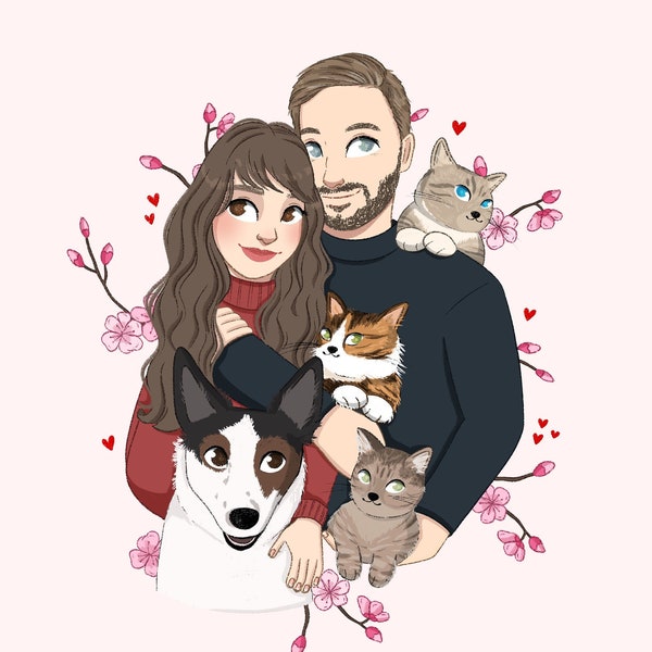 Couple Portrait With Pets, Custom Family Portrait With Pets, Couple Illustration, Owner And Pet Portrait