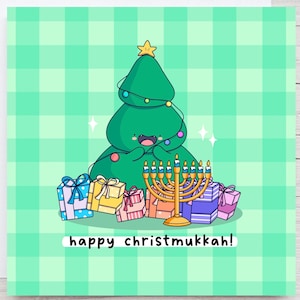 Carte Happy Christmukkah - Carte drôle de Hanoucca, carte Kawaii, menorah, carte de Noël et de Hanoucca