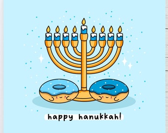 May include: A blue and gold Hanukkah card with a menorah and two donuts. The donuts have happy faces and the text "happy hanukkah!" is written below the menorah.