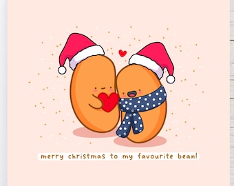 Kawaii Baked Beans-kerstkaart: Punny-kerstkaart