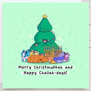 Joyeuse carte de Noël - Carte drôle de Hanoucca, carte Kawaii, menorah, carte de Noël et de Hanoucca, challah