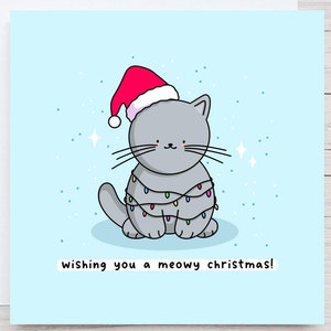 Jolie carte de Noël chat - carte de Noël kawaii, carte de Noël pour amoureux des chats, petit chien