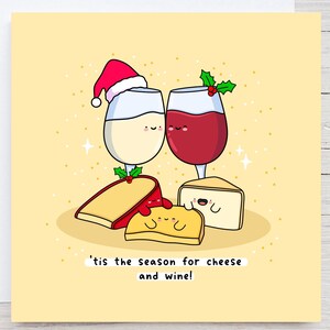 Carte de Noël fromage et vin - Carte de Noël kawaii, jolie carte de Noël, carte de Noël amusante, punny, ringard