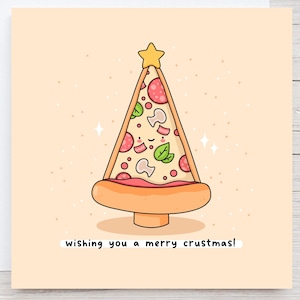 Carte de Noël pizza - carte de Noël kawaii, joyeux crustacés, carte de Noël calembour