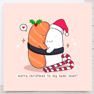 Jolie carte de Noël - Carte de Noël kawaii, carte de Noël sushi, amateur de sushi, petit garçon