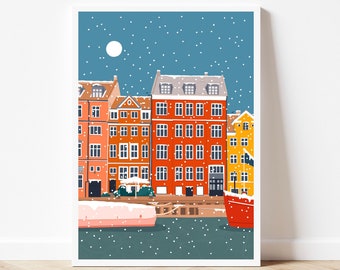 Copenhagen Art Print, Denmark Travel Print, Copenhagen Wall Art, Wintery Snowy Scene Print