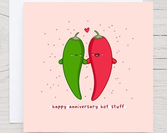 Funny Chilli Pun Anniversary Card: Kawaii 'Hot Stuff' Design