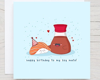 Tarjeta de cumpleaños Kawaii Sushi – Diseño divertido Soy Mate