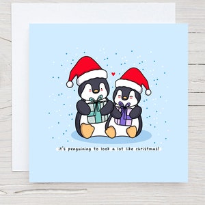 Carte de Noël mignonne - Carte de Noël Kawaii, Carte de Noël Pingouin, Carte illustrée faite à la main, Punny