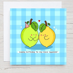 Tarjeta de cumpleaños kawaii de limón y lima: diseño de cuadros vichy