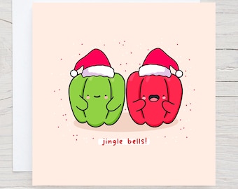 Jingle Bells - Tarjeta de pimiento morrón, tarjeta de Navidad linda, tarjeta de Navidad Kawaii, tarjeta de Navidad vegana, tarjeta de Navidad vegetariana