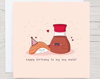 Leuke Sushi-kaart - soy mate, Kawaii Card, verjaardagskaart, Punny food pun card