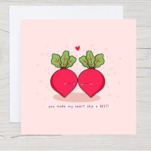 Carte de voeux You Make My Heart Skip a Betterave - Jeu de mots alimentaire, carte Kawaii drôle, carte d'amour punny