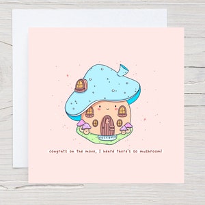 Jolie carte champignon kawaii - carte de déménagement, nouvelle carte pour la maison, carte de petit garçon