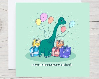 Cute dinosaur birthday card - Kawaii, handmade card, happy birthday, cute card, illustration