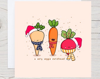 Süße Weihnachtskarte - Kawaii Weihnachtskarte, Vegane Weihnachtskarte, Vegetarische Weihnachtskarte