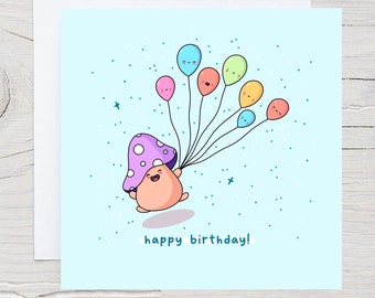 Kartka urodzinowa z grzybami, balony kawaii, ilustrowane życzenia urodzinowe
