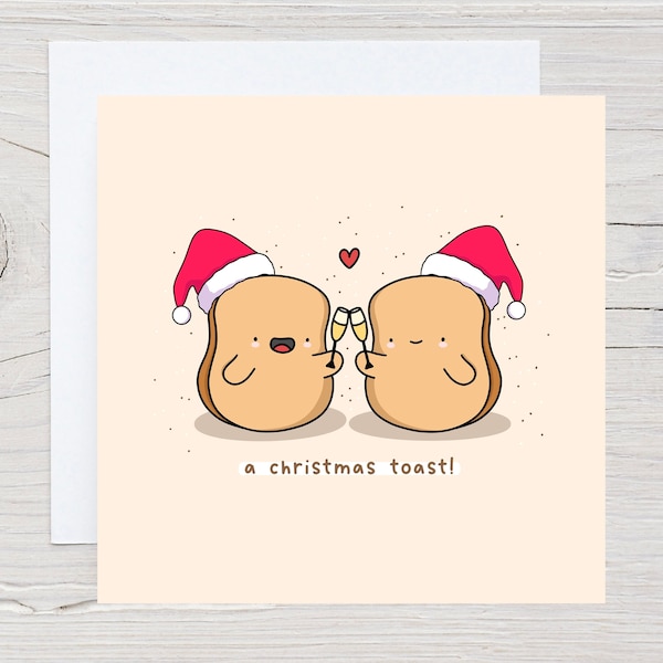Cute Christmas card -  a christmas toast, Kawaii Christmas card, Illustrated handmade card