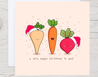 Süße Weihnachtskarte - Kawaii Weihnachtskarte, Vegane Weihnachtskarte, Vegetarische Weihnachtskarte