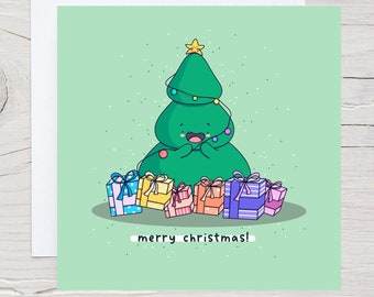 Cute Christmas card - Kawaii Christmas card, Christmas Tree Christmas card, Illustrated handmade card