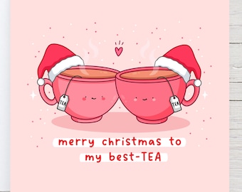Kawaii kerstkaart voor beste vriend – handgemaakt, geïllustreerd theeontwerp