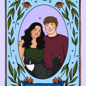 May include: A digital illustration of two people and two cats inside an oval frame. The people have dark and light brown hair, wearing a green tank top and a maroon sweater. One cat is black and white, the other is black. A blue banner reads THE COLBY-MAHMOUDIANS.