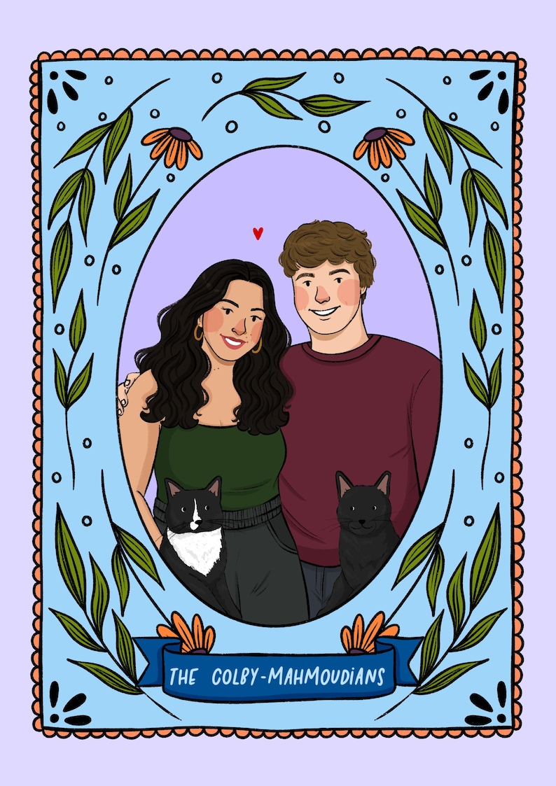 May include: A digital illustration of two people and two cats inside an oval frame. The people have dark and light brown hair, wearing a green tank top and a maroon sweater. One cat is black and white, the other is black. A blue banner reads THE COLBY-MAHMOUDIANS.