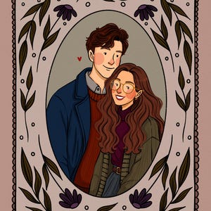 May include: A digital illustration of two people inside an oval frame decorated with dark leaves and purple flowers. One person has short brown hair, wearing a blue coat and red sweater. The other has long wavy brown hair, glasses, and a green cardigan.