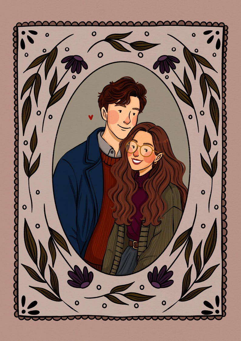 May include: A digital illustration of two people inside an oval frame decorated with dark leaves and purple flowers. One person has short brown hair, wearing a blue coat and red sweater. The other has long wavy brown hair, glasses, and a green cardigan.
