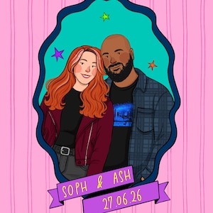 May include: A digital illustration of two people inside a dark blue scalloped frame against a pink striped background. The text "SOPH & ASH" and "27.06.26" appears on a purple banner at the bottom. Colorful stars decorate the teal interior.